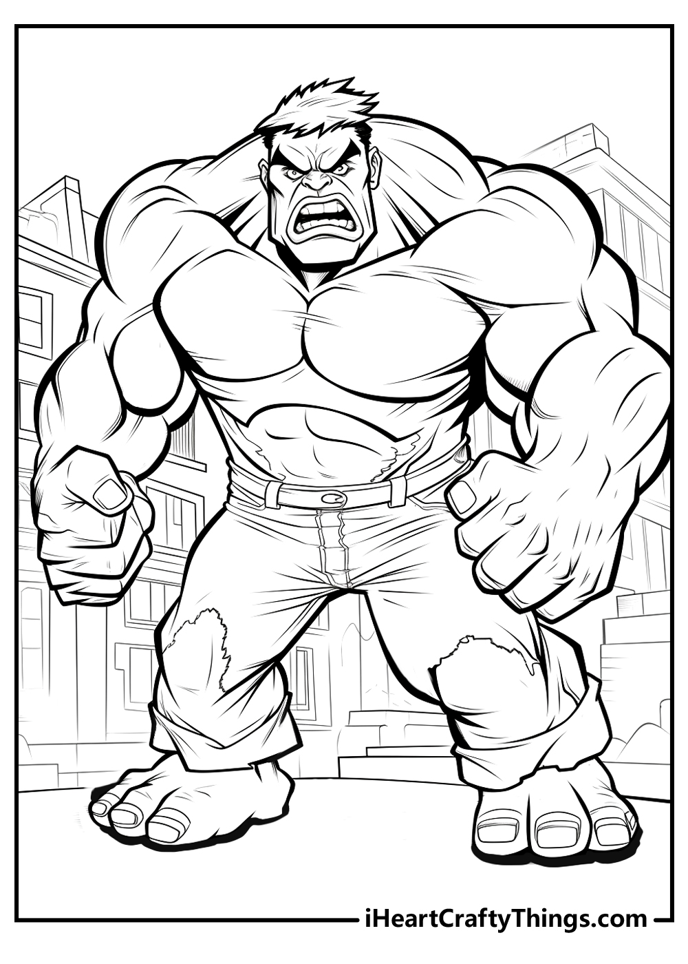 Printable coloring page of an angry Hulk walking down the city with clenched fists