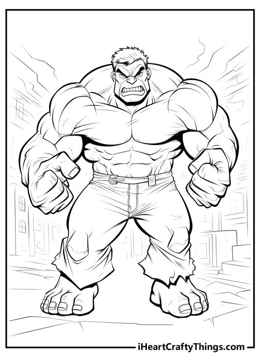 Printable sheet featuring Hulk threatening and showing off his strenght in a middle of the city