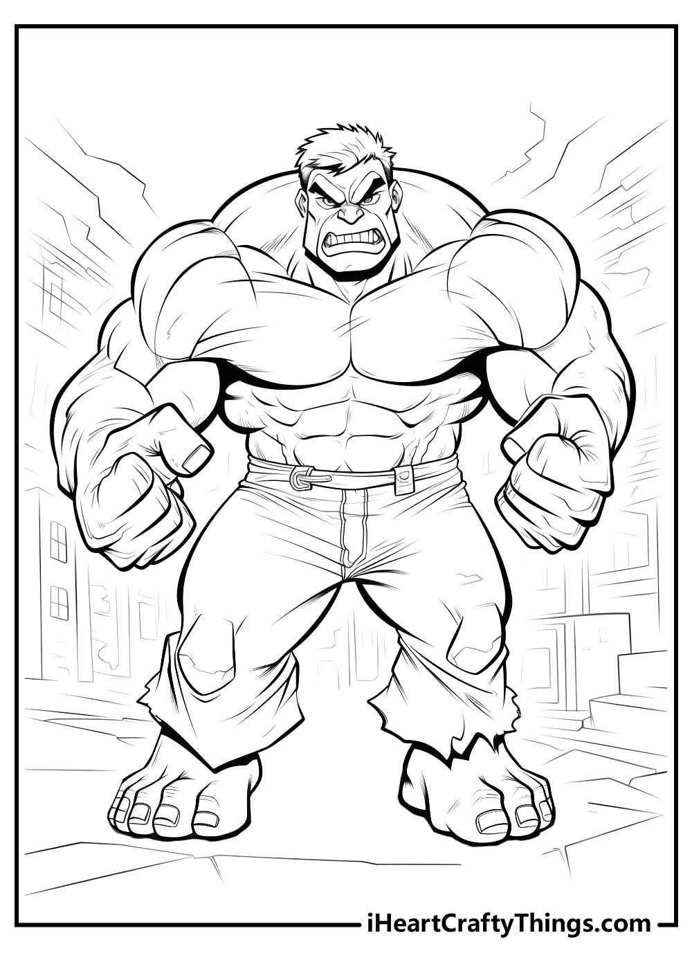 Printable sheet featuring Hulk threatening and showing off his strenght in a middle of the city