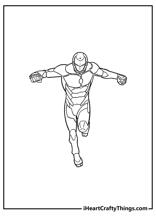 Iron Man coloring page for kids depicting superhero himself flying through the air with clear background