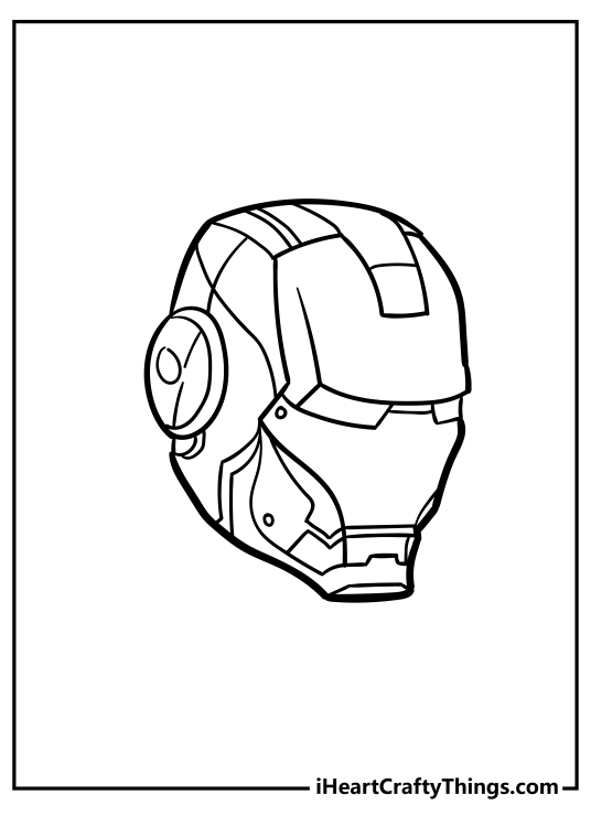 Iron Man-themed coloring page for kids presenting awesome close-up on Iron Man’s helmet