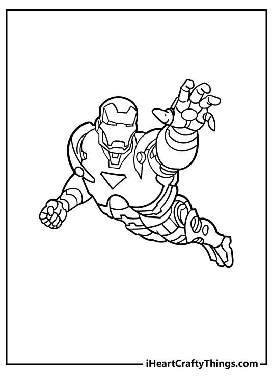 Iron Man coloring printable featuring superhero zooming through the air with left arm extended forward