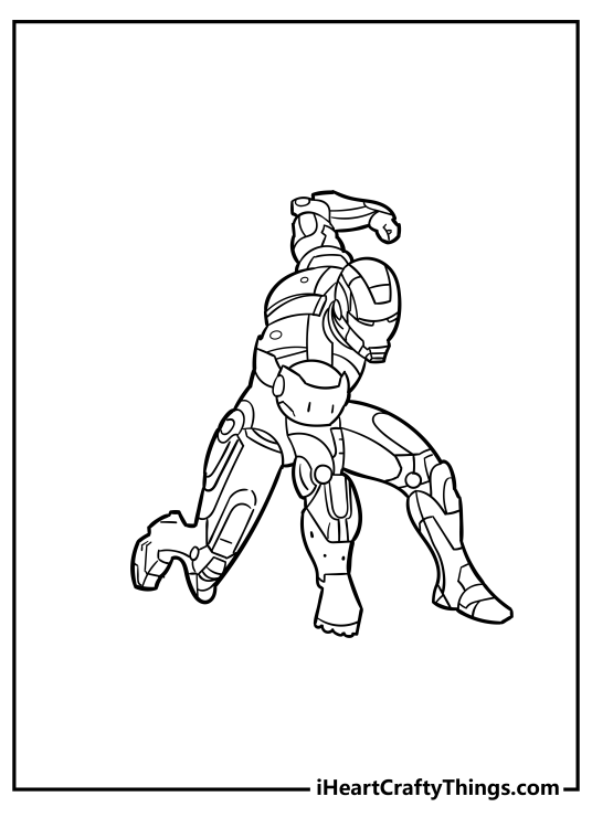 Coloring image for kids presenting Iron Man striking a cool pose with empty background behind him