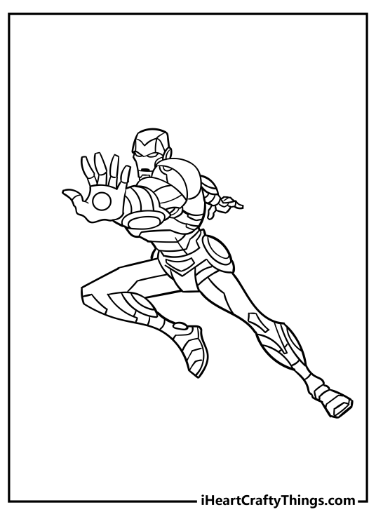 Coloring picture for kids showing Iron Man about to shoot energy beam from his palms