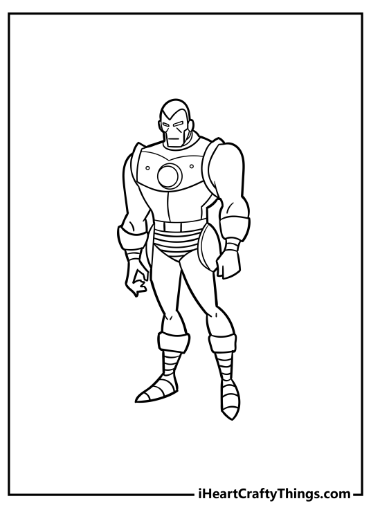 Black-and-white printable image for children featuring cartoony comic-inspired Iron Man