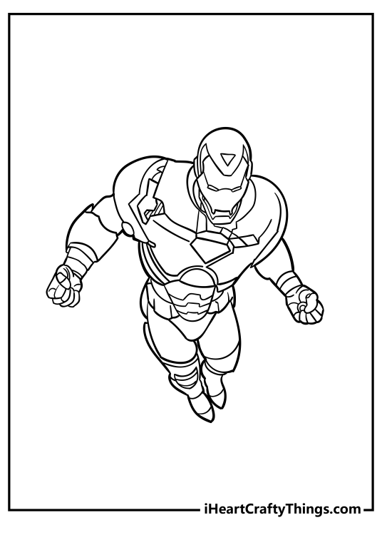 Free printable page presenting cool partrayal of Iron Man zooming through the air