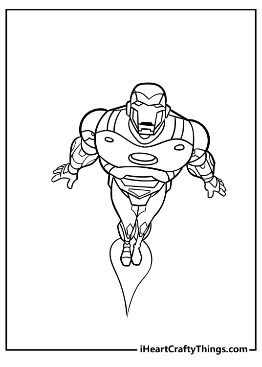 Coloring picture featuring Iron Man holding his feet together while flying at high speeds