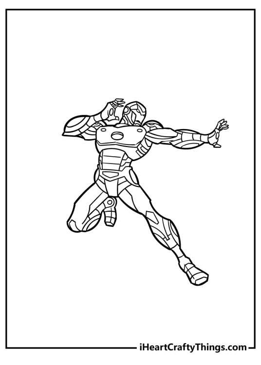 Iron Man-themed coloring sheet featuring awesome Iron Man in a cool action pose