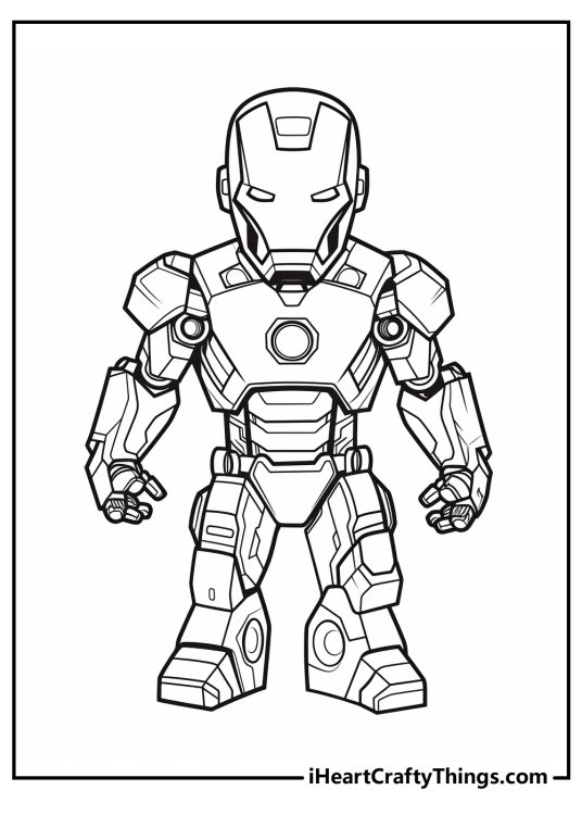 Detailed coloring image featuring Iron Man posing ready for battle in his damage-resistant armor