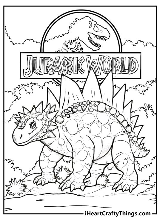 Detailed drawing featuring stegosaurus with Jurassic World logo above him and bushes all around