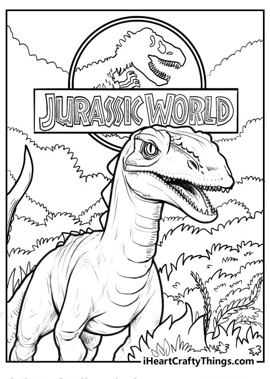 Detailed coloring poster presenting velociraptor standing surrounded by trees in front of a Jurassic World sign
