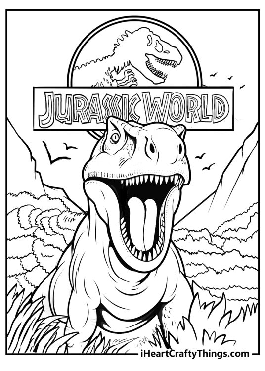 Detailed coloring poster featuring tyrannosaurus rex roaring in front of a Jurassic World sign