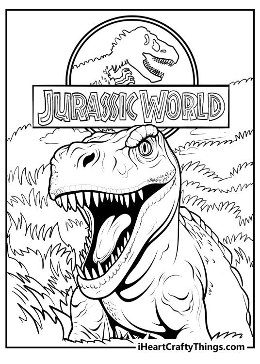 Detailed drawing of a tyrannosaurus rex standing in a forest with Jurassic World logo above his head