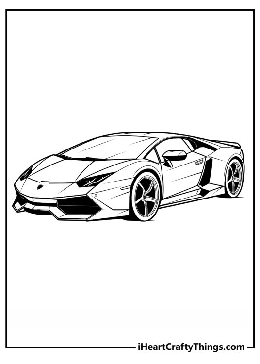 Detailed coloring picture for adults presenting realictic powerful sports car Lamborghini