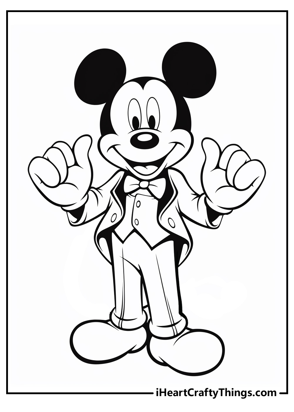 Coloring sheet featuring smiling Mickey Mouse in his formal suit holding hands up