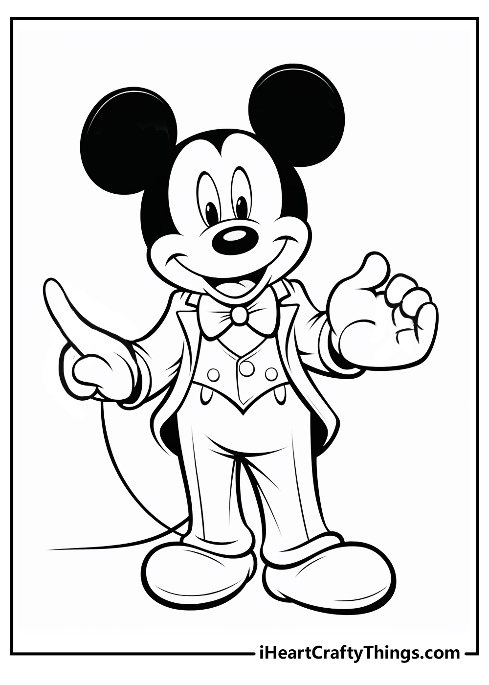 Free coloring printable for kids featuring happy Mickey Mouse as a presenter in his formal clothing