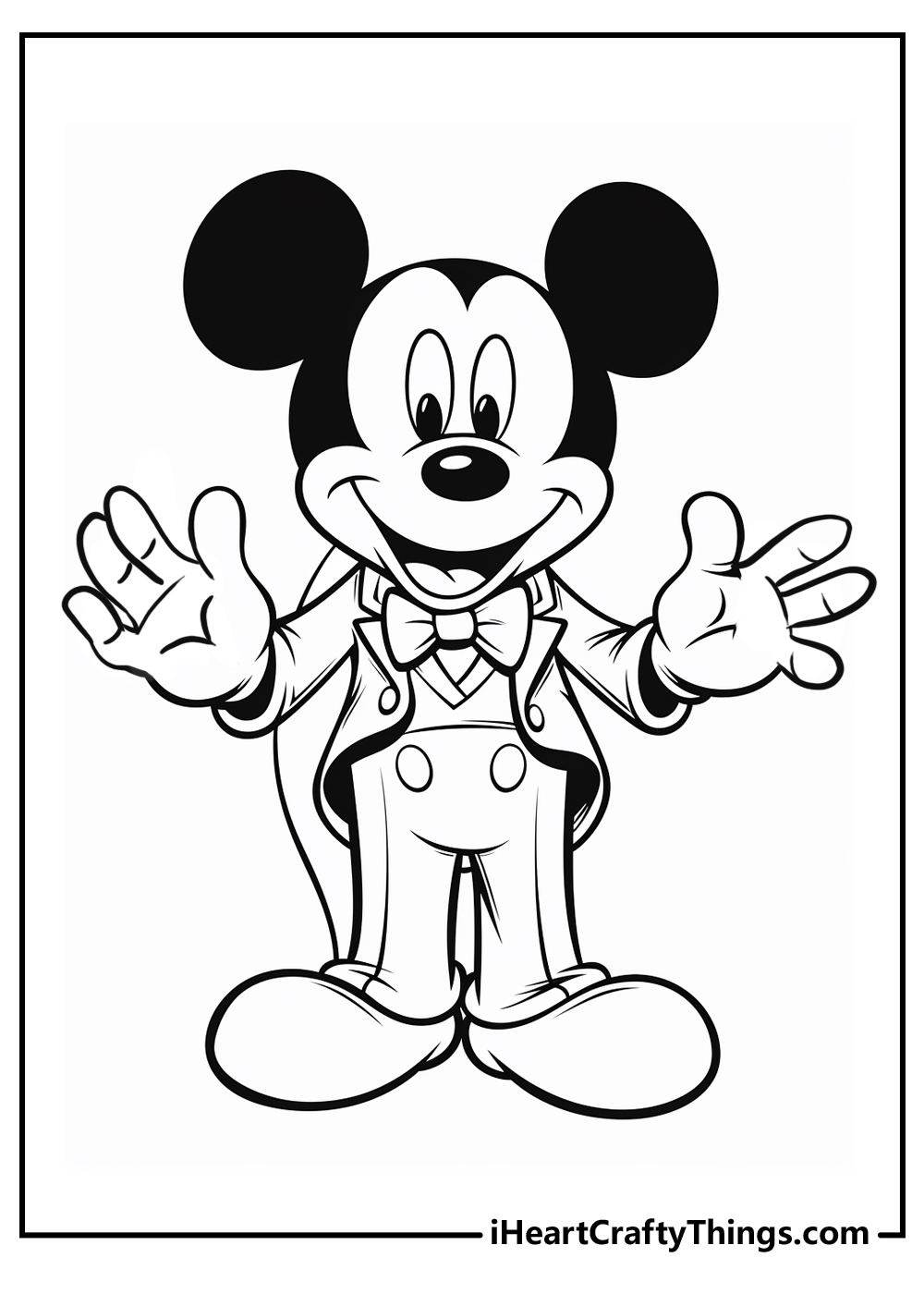 Printable pdf for kids to color featuring Mickey Mouse in his formal suit making an announcement