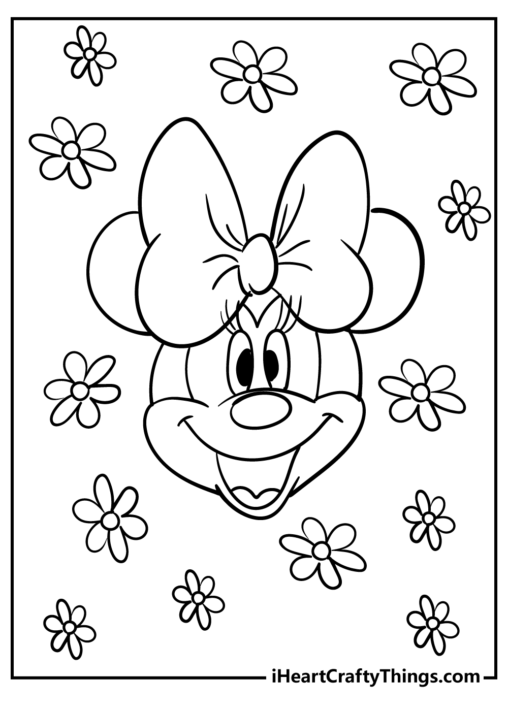 Printable coloring page for kids featuring smiling Minnie Mouse face surrounded by flowers