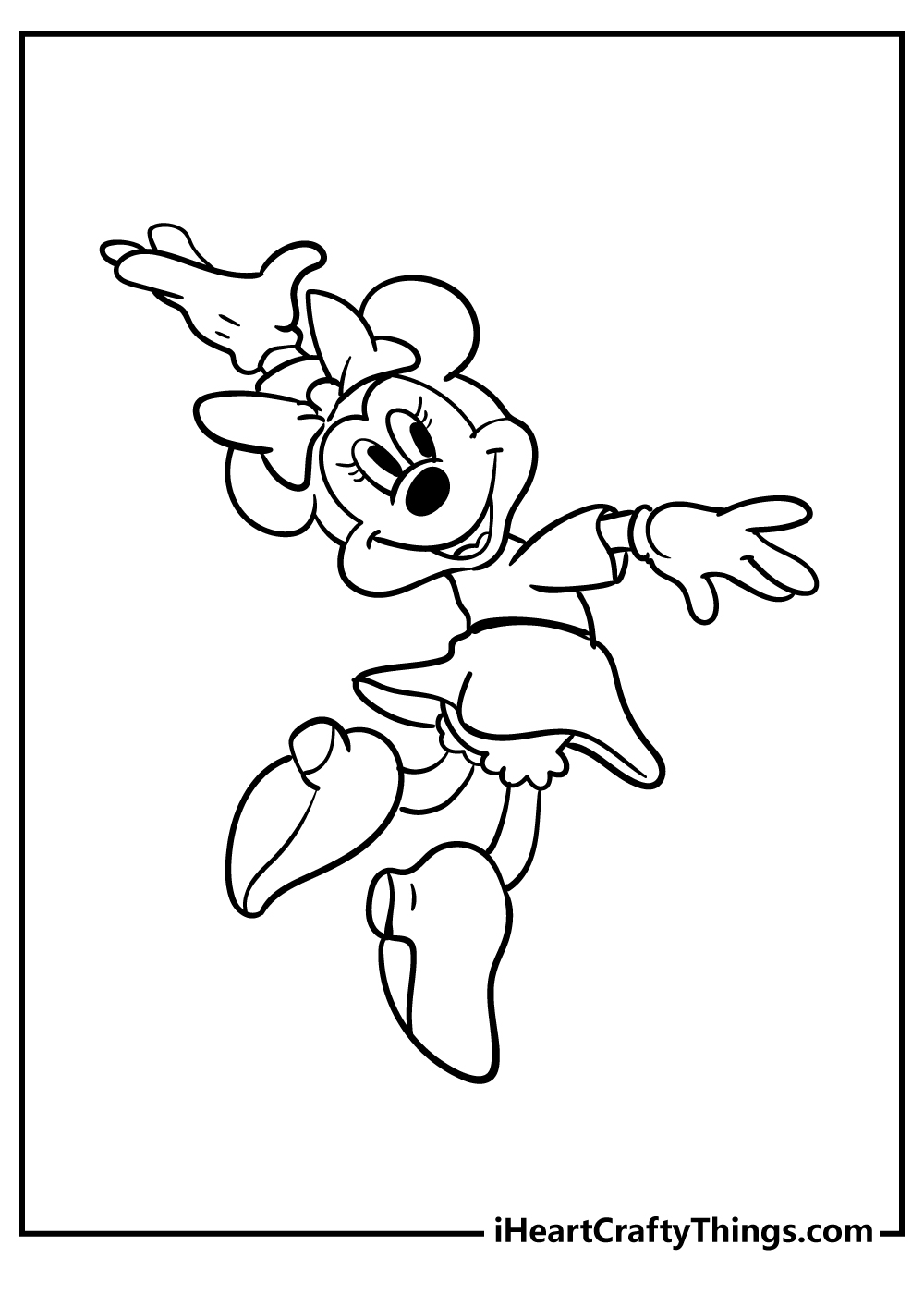 Printable coloring page of a Minnie Mouse looking very happy and excited as she dances