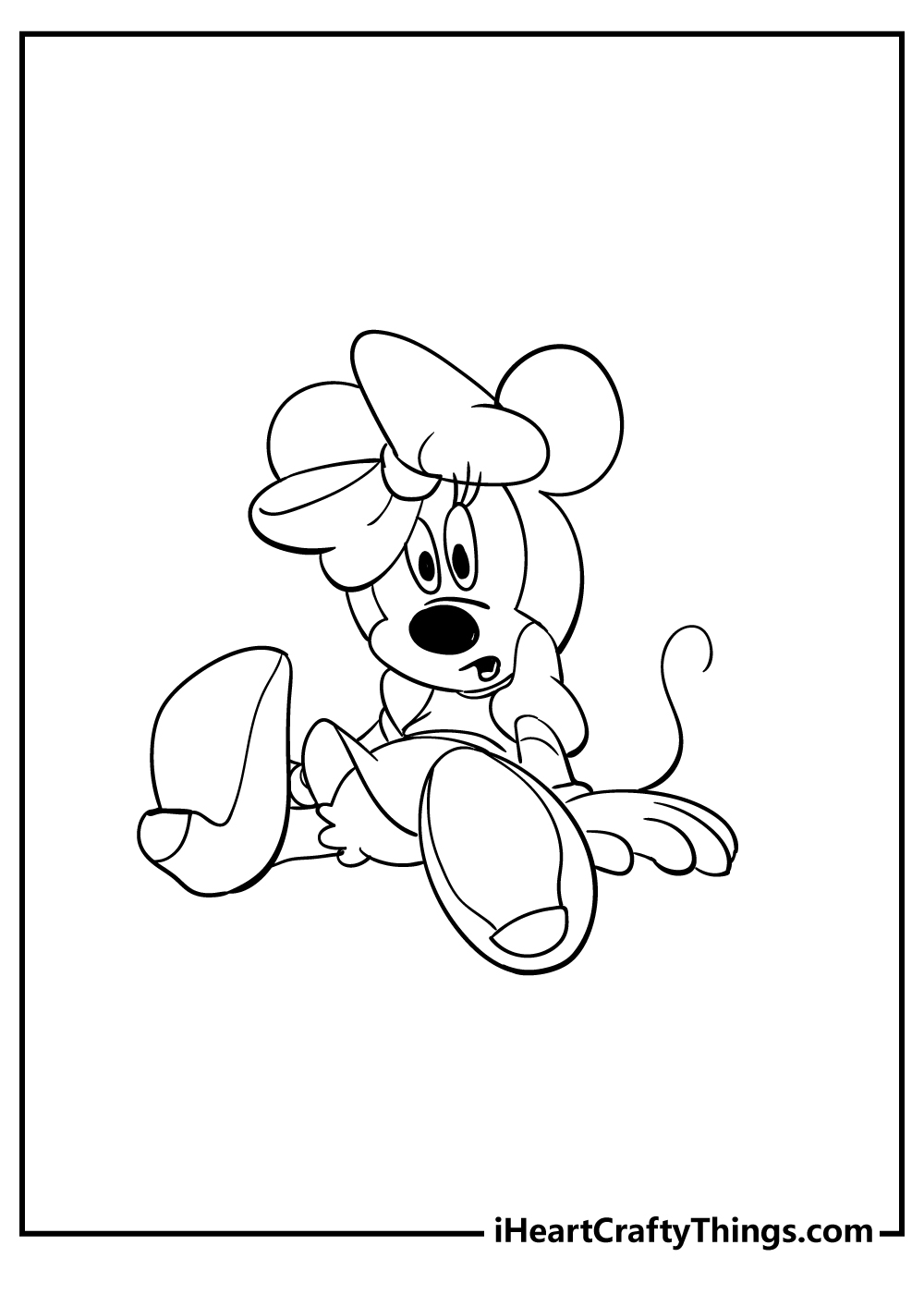 Coloring page featuring surprised Minnie Mouse who seems to have taken a bit of a fall