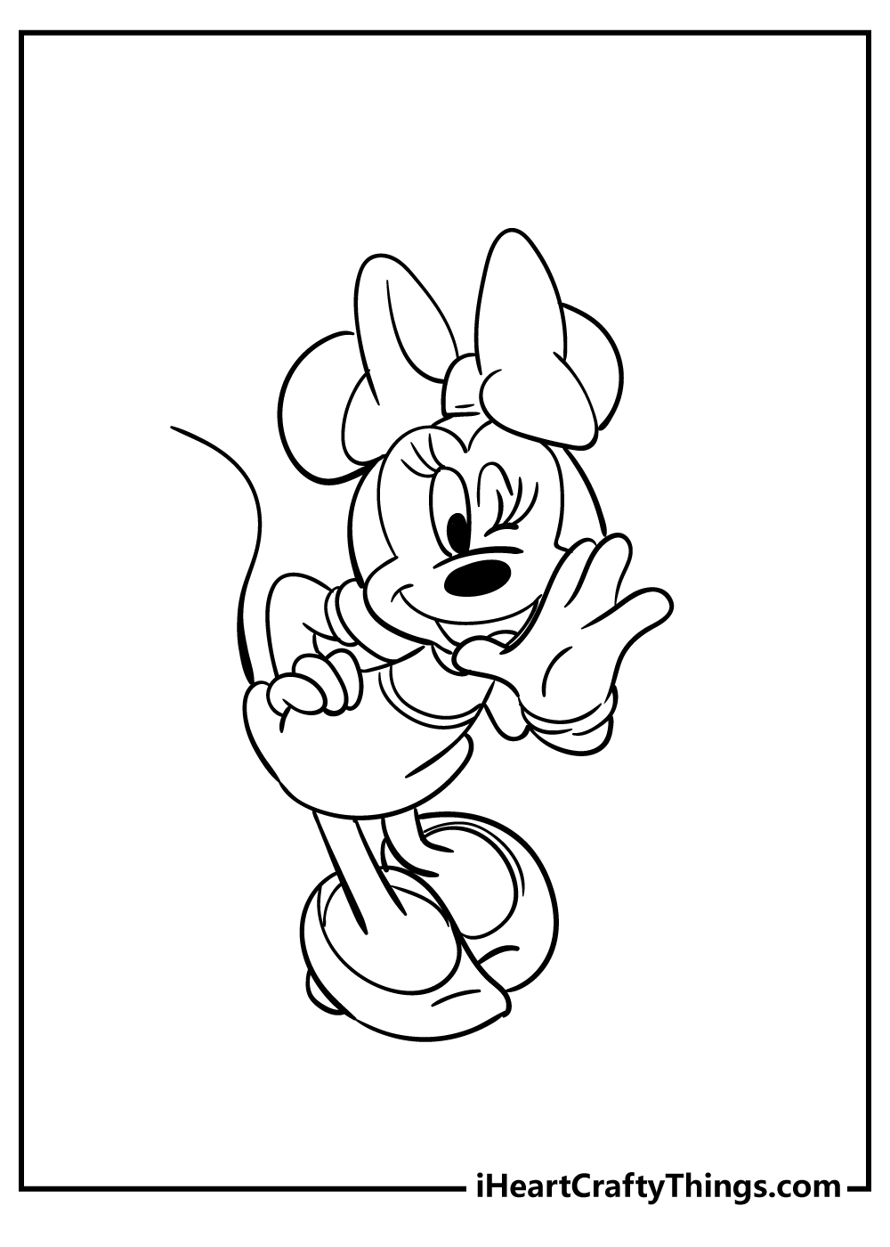 Printable coloring page of a happy and confident Minnie Mouse leaning forward and winking