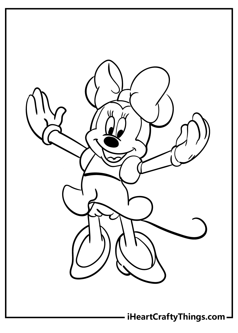 Free printable featuring excited Minnie Mouse presenting something with hands up