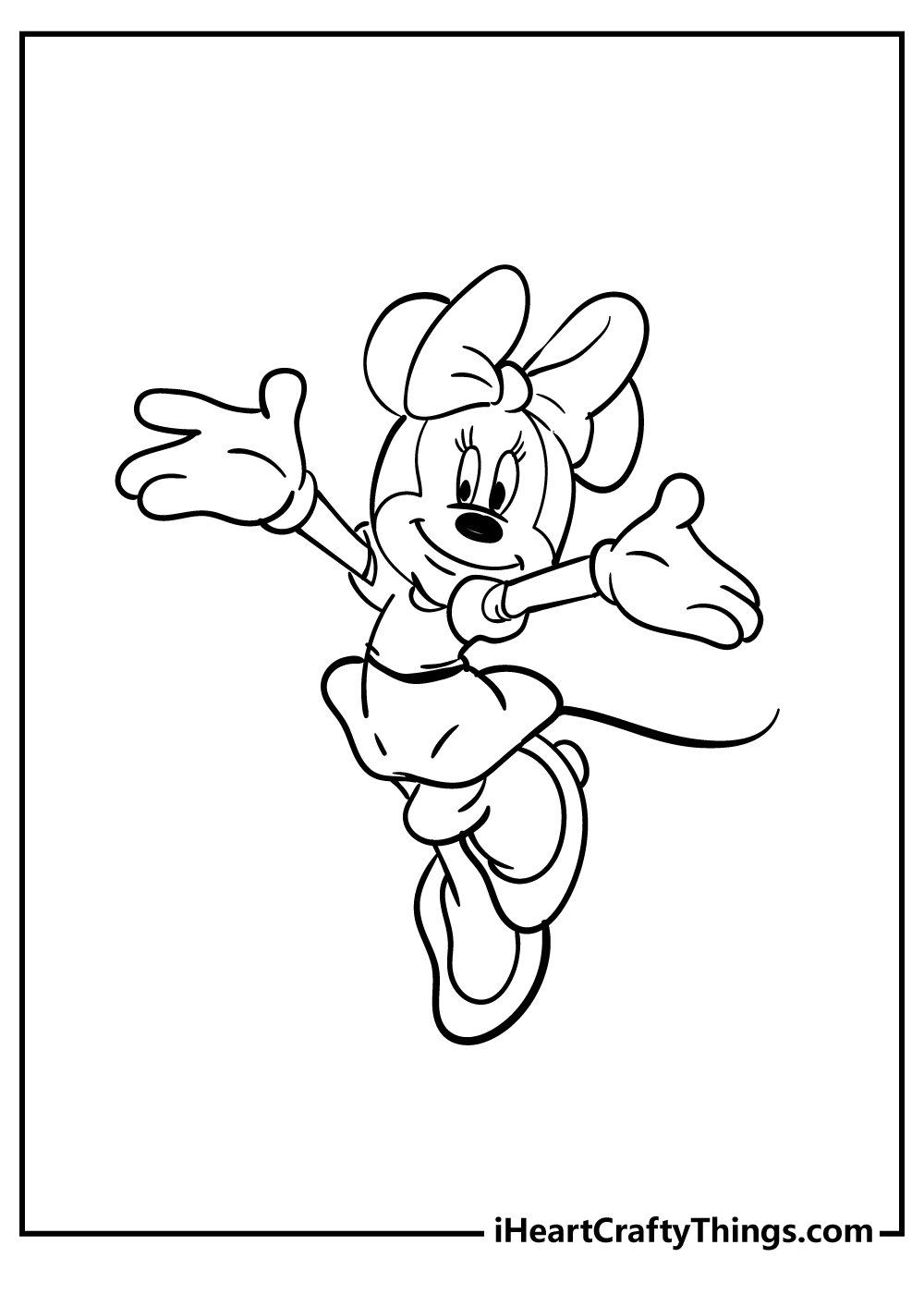 Free printable pdf of a Minnie Mouse stretching her arms wide ready to give a hug