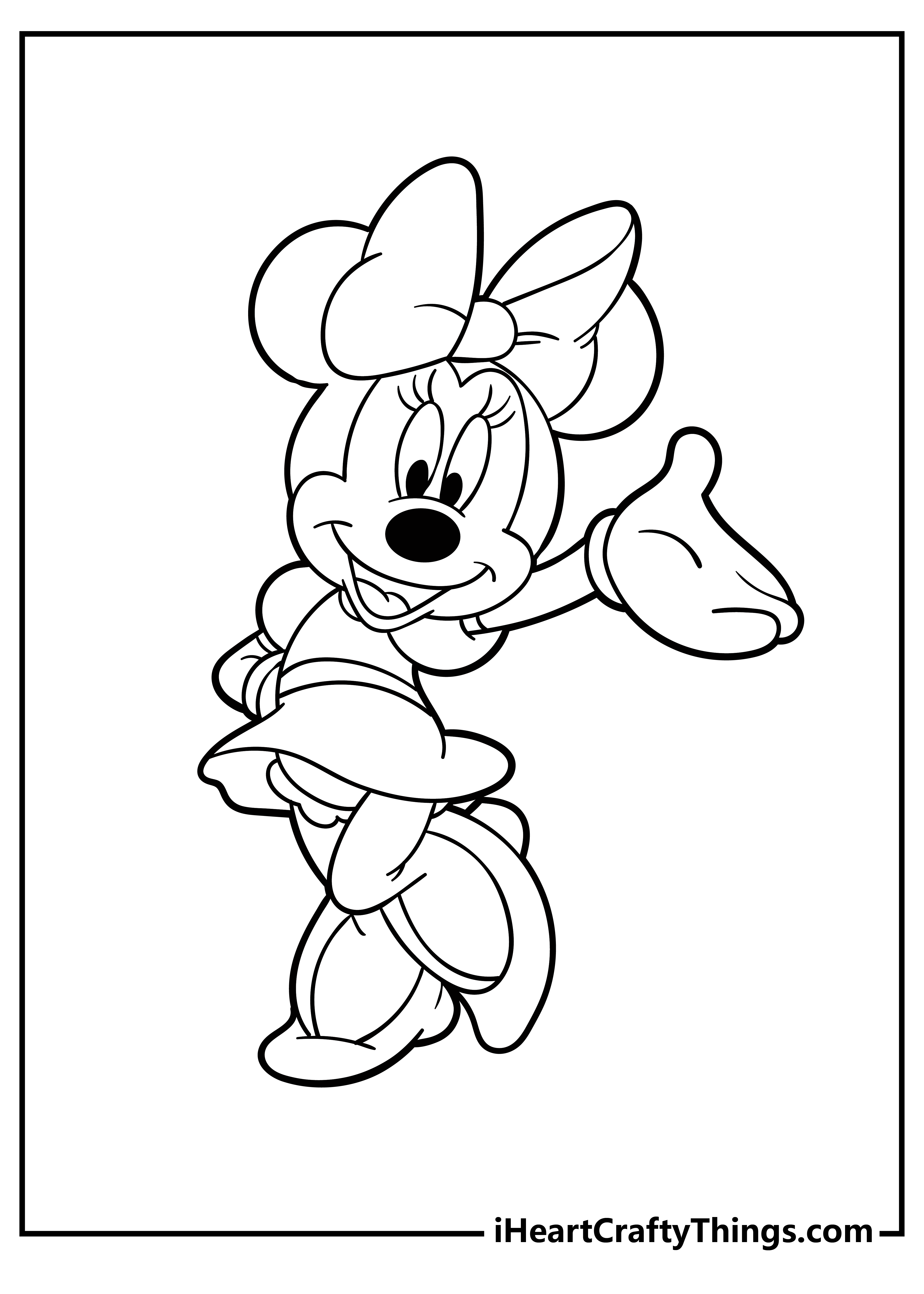 Joyful Minnie Mouse striking fancy pose with left hand up coloring sheet for children