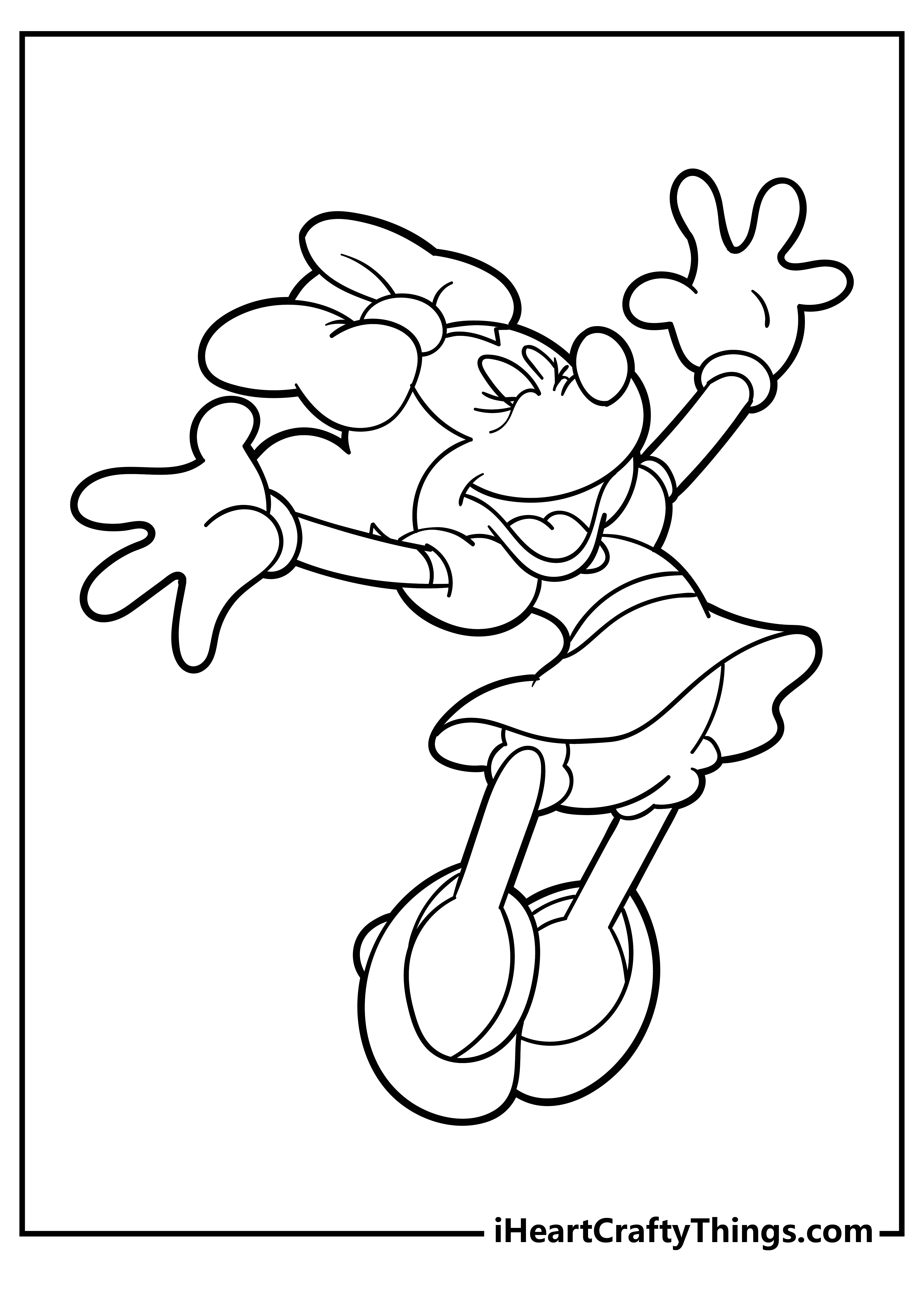 Detailed coloring page for adults of a happy Minnie leaping for joy with hands up