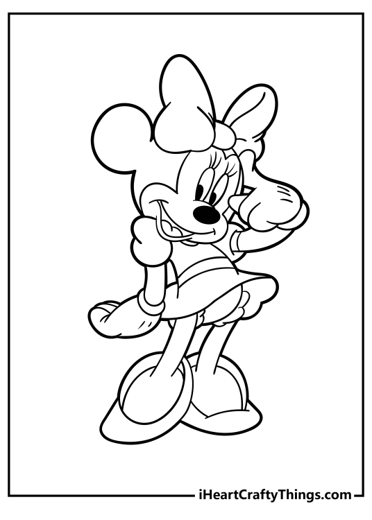 Coloring sheet of a Minnie Mouse pointing at her head as if she just had a great idea
