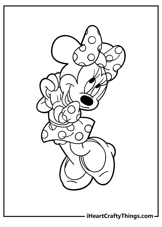 Coloring page featuring lovely Minnie Mouse dressed in her classic polka dot dress and bow