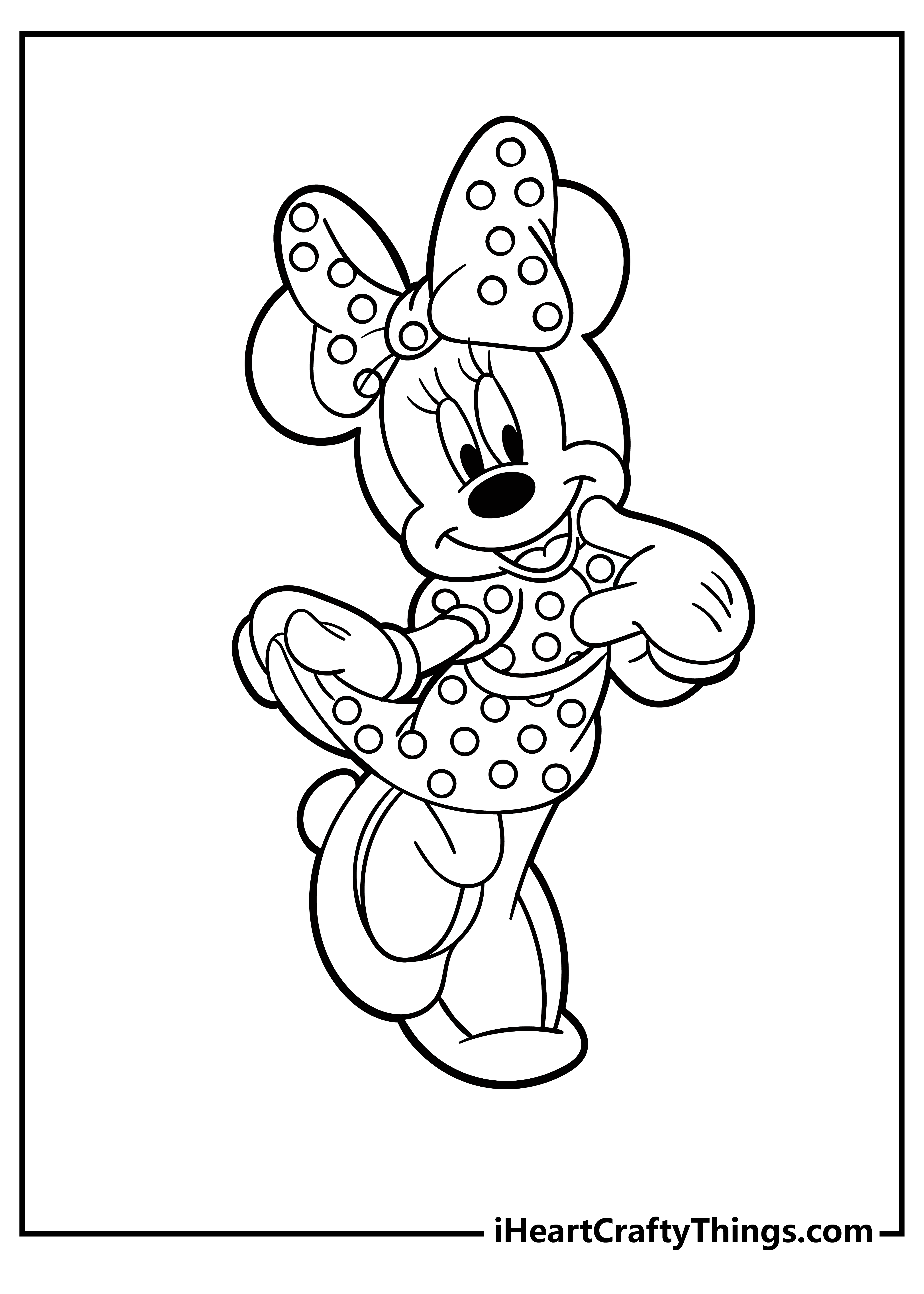 Joyful Minnie Mouse striking a pose in her signature polka dot dress and bow free printable pdf