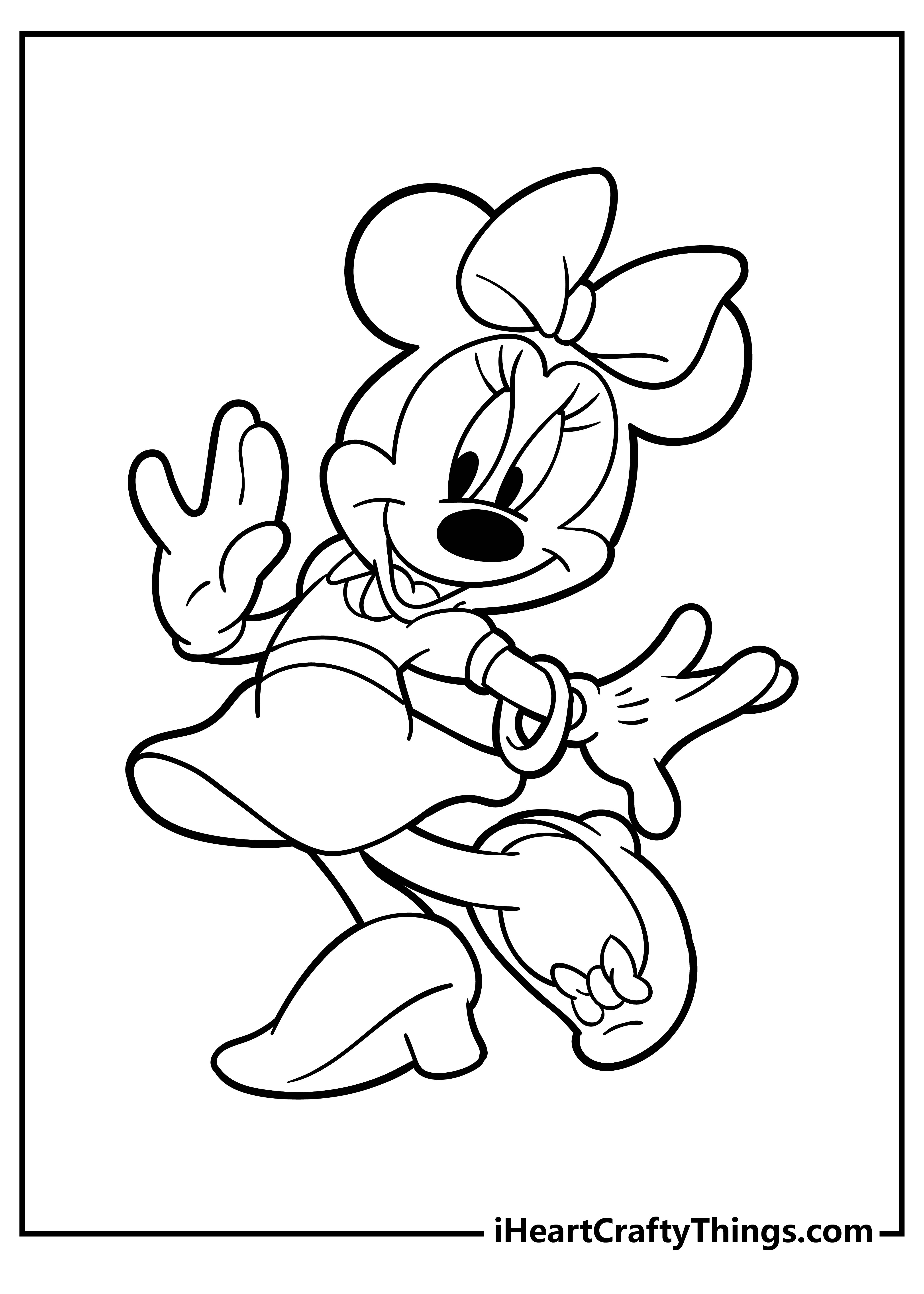 Coloring picture for children featuring Minnie striking a pose dressed in a simple dress