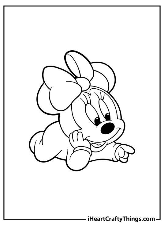 Coloring sheet featuring cute baby Minnie Mouse crawling on a floor wearing her classic bow