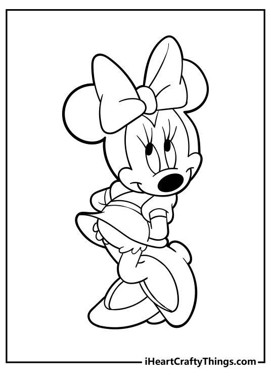 Black-and-white printable pdf for children featuring cute Minnie Mouse looking a bit shy