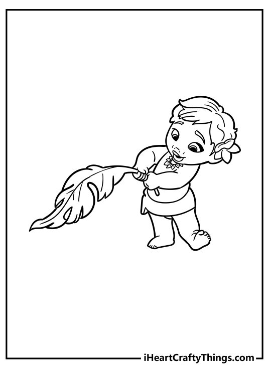 Coloring image for kids of a Moana featured as a young kid playing with a big palm leaf