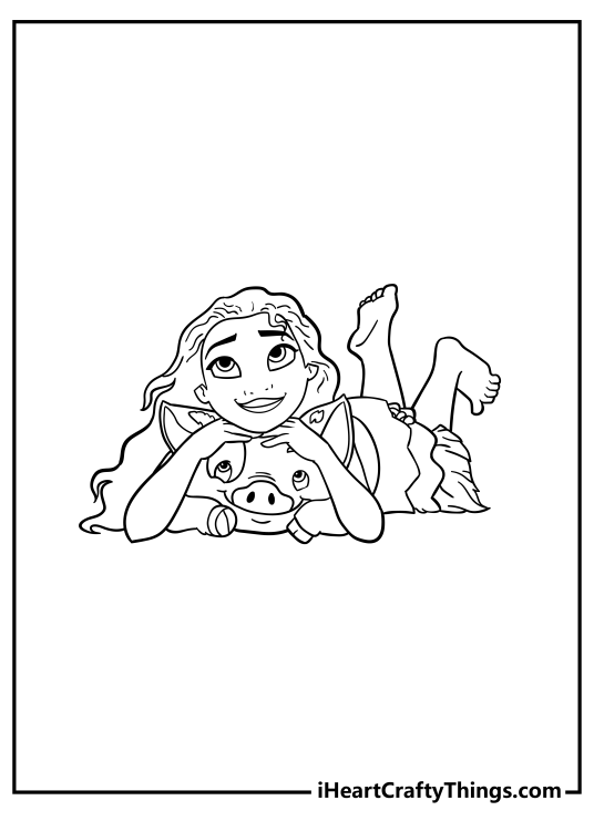 Printable coloring card for children depicting sweet scene of Moana cuddling with her pal Pua