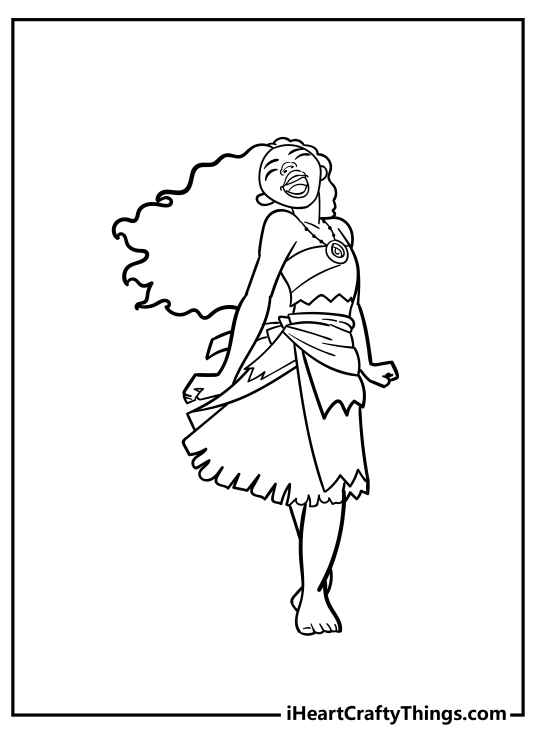 Moana-themed coloring sheet for children depicting Moana singing with closed eyes