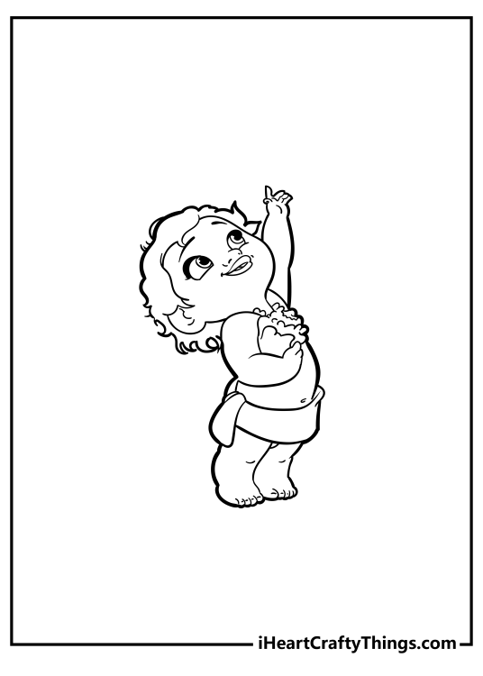 Free coloring image presenting happy baby Moana reaching up towards something
