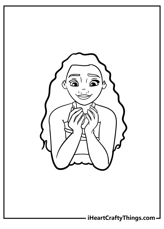 Printable coloring sheet featuring close up of Moana who seems to be lost in thought