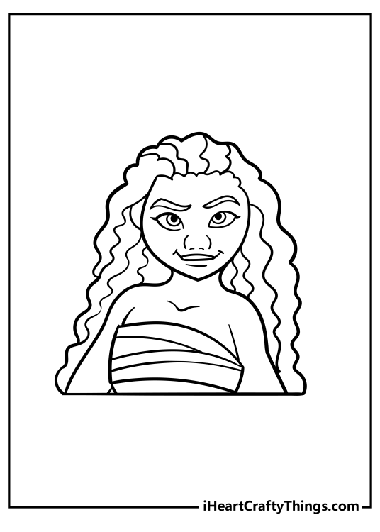 Black-and-white image for preschooler featuring portrayal of Moana drawn in a cartoony style