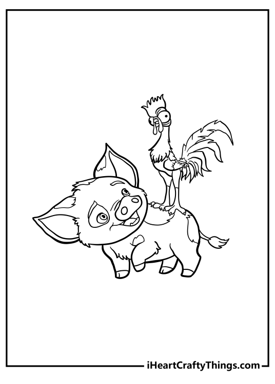 Moana-themed coloring picture presenting rooster Hei-Hei perched on the pig Pua