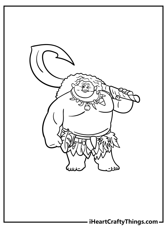 Moana-themed coloring printable presenting the demigod Maui holding a fish hook on his shoulder