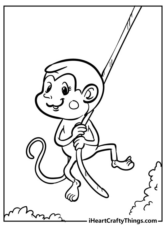 Coloring sheet for kids of an adorable monkey swinging through the jungle on a vine
