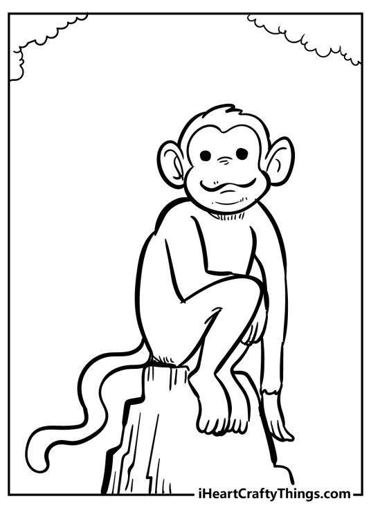 Printable page for kids featuring happy monkey with long tail perched on a tree stump
