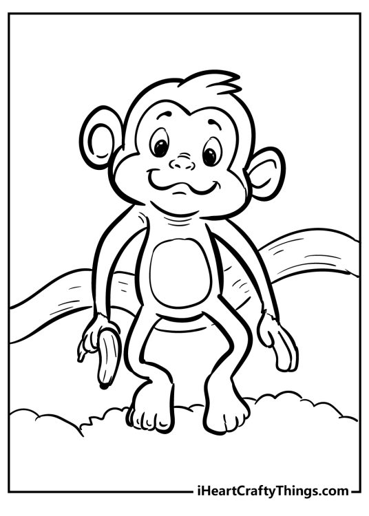 Free pdf to print and color depicting happy monkey sitting on the tree branch with a banana in its right hand