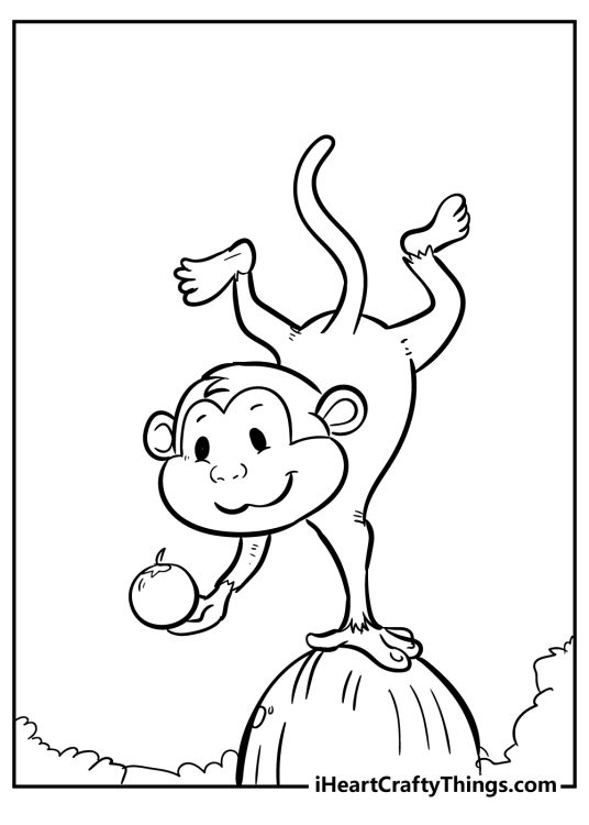 Free printable pdf to color featuring monkey balancing on one hand and holding an apple in its other hand
