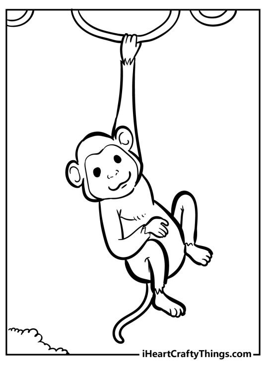 Free monkey-themed coloring page for kids featuring smiling monkey hanging on a vine