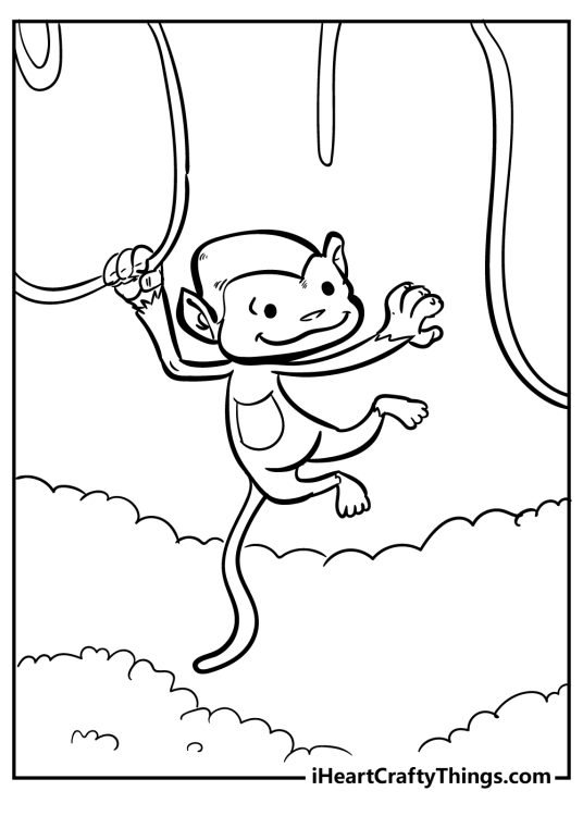 Detailed coloring sheet for kids featuring monkey swinging through the jungle on some vines