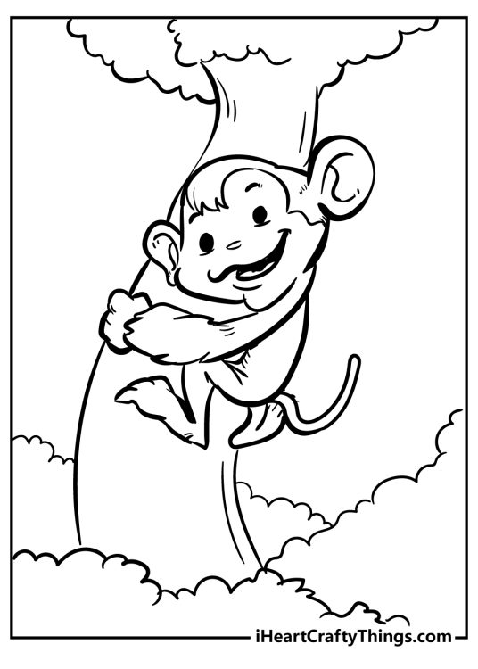 Black-and-white picture for kids featuring little happy monkey with big ears climbing a tree